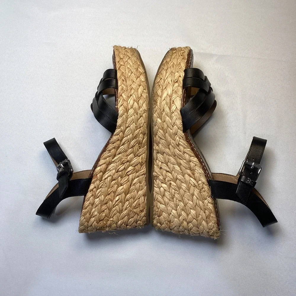Sam Edelman Womens Sandal Size 9.5 Black Leather Espadrille Wedge Platform